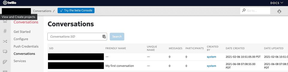 Twilio Conversations console
