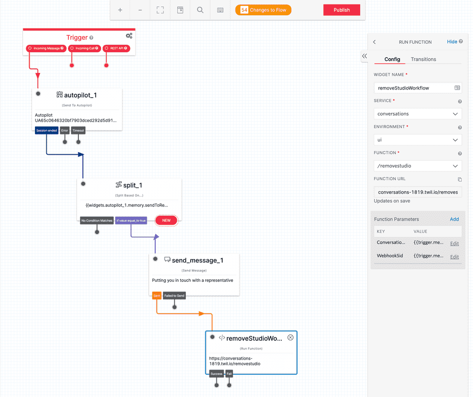 Twilio Studio Function Remove Flow Widget